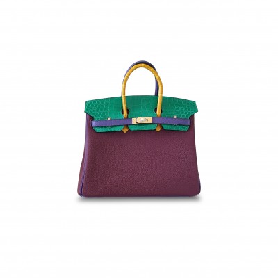HERMÈS MASTER BIRKIN 25 CROCODILE AND TOGO LEATHER CLARET COLOR MATCHING GOLD BUCKLE H076216CK9M (25*20*13cm)